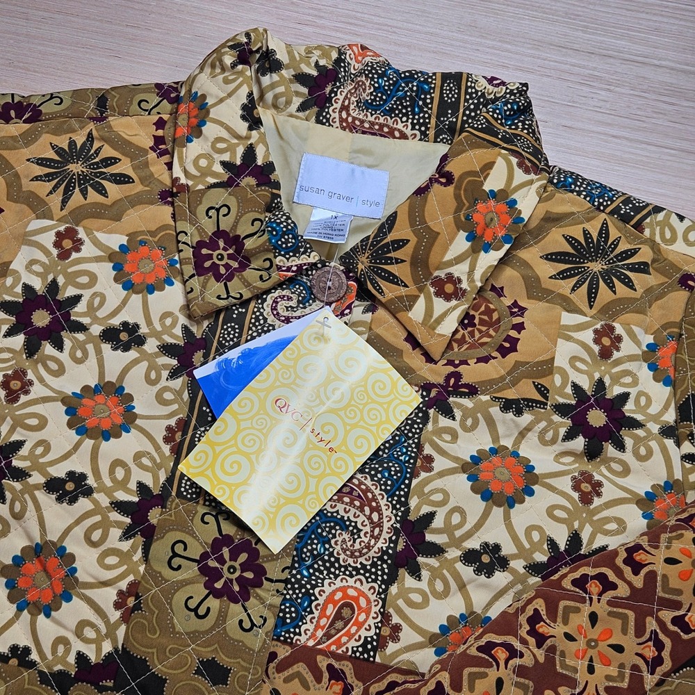 Susan Graver Quilted Floral Patchwork Jacket Women 1X Tan Paisley Button Up NEW